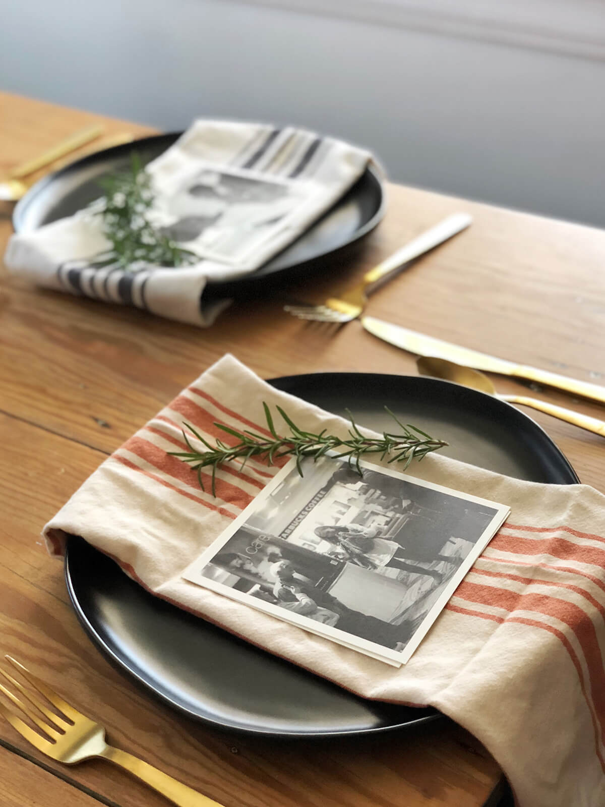 Photo prints used as table place settings for holiday dinner