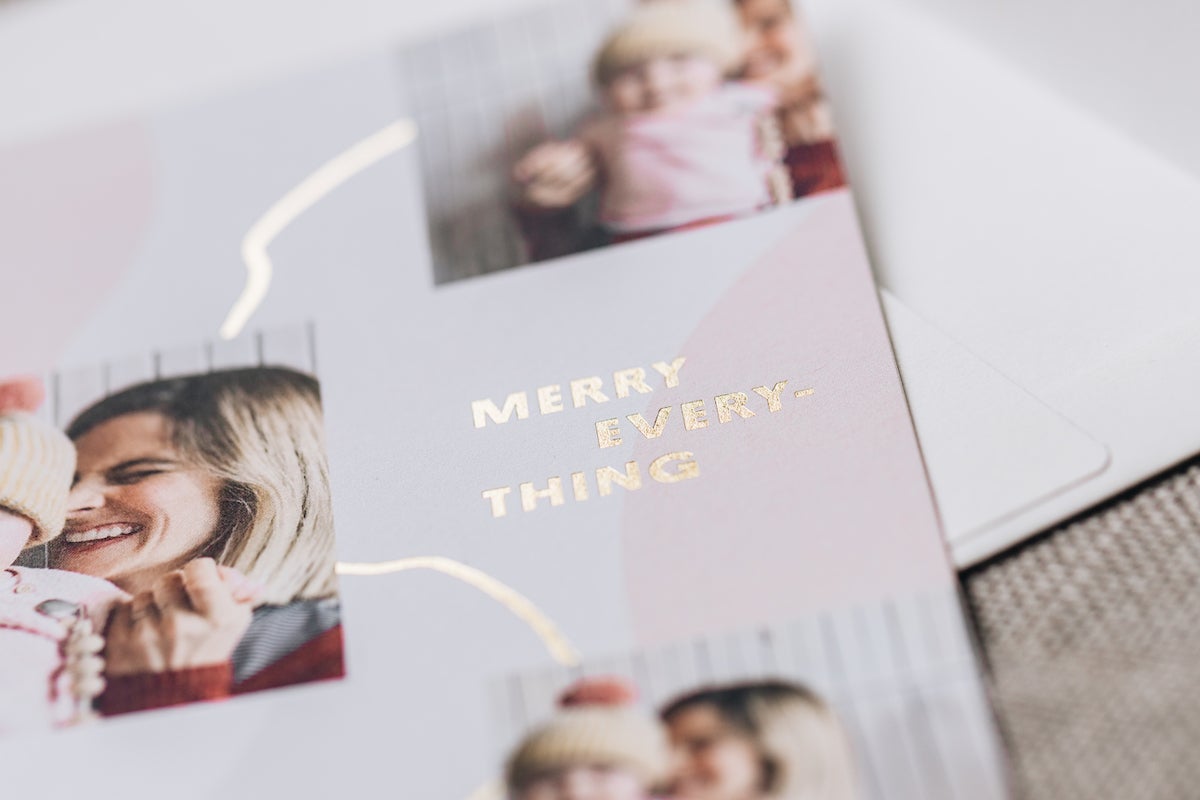 Zoomed in on gold foil on Merry Trio Holiday card