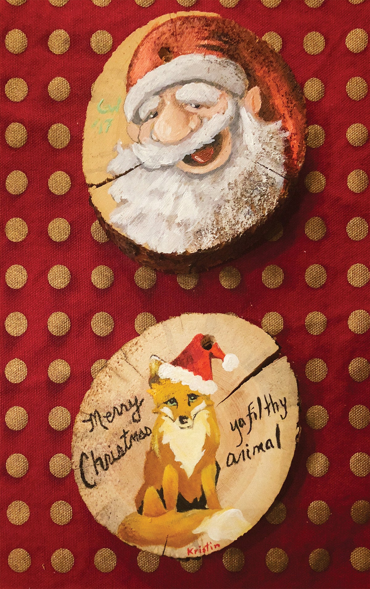 Hand-painted ornaments lying on table