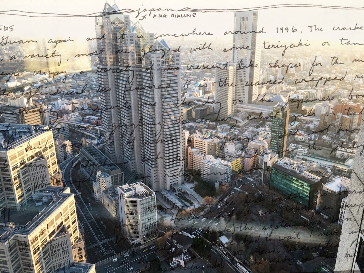 Overhead photo of Tokyo taken from hotel window with journal entry overlay on photo