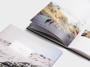 Travel photo book open to middle spread