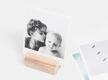 Photo print of siblings displayed on wood block