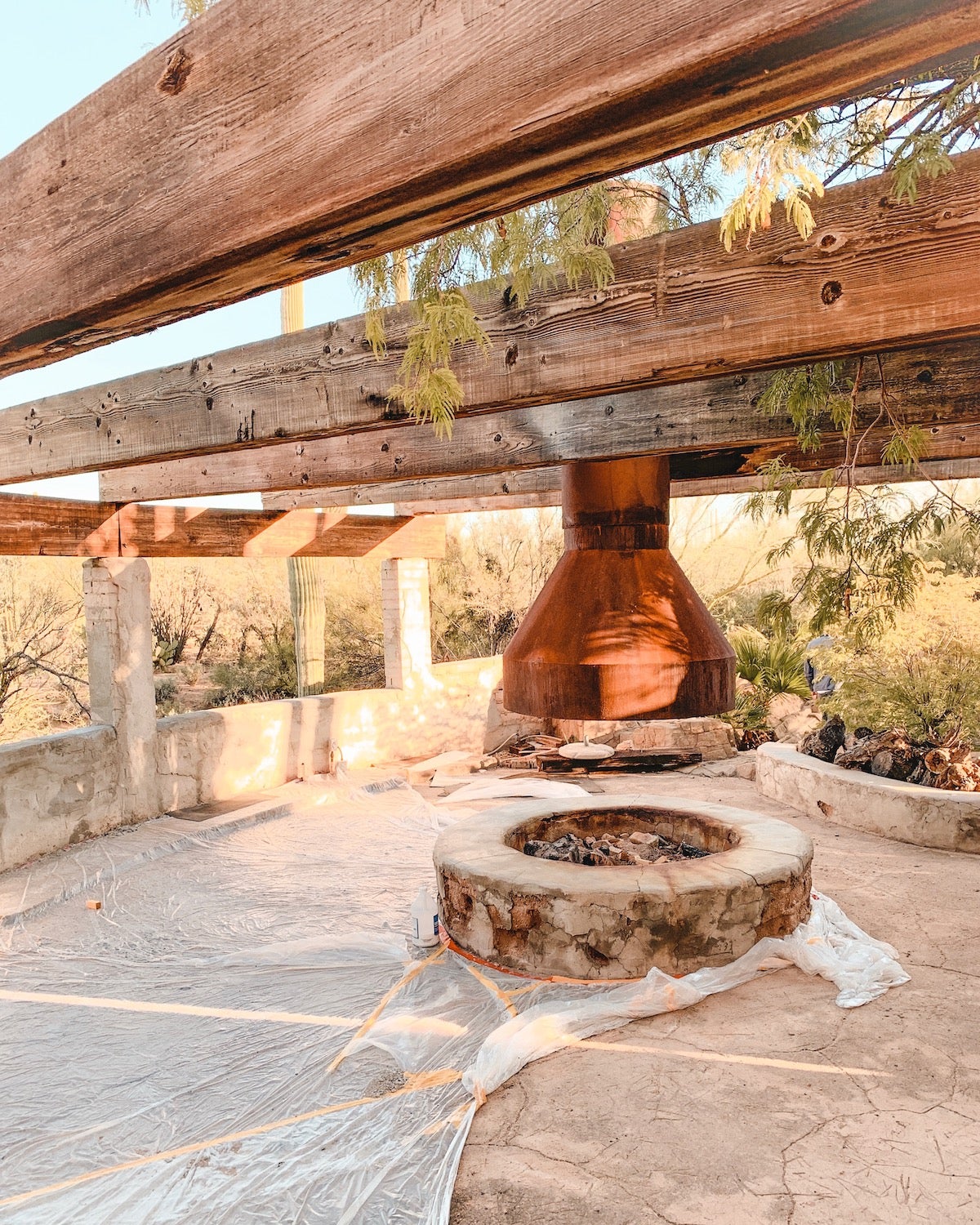 Before picture of patio and fireplace at The Joshua Tree House