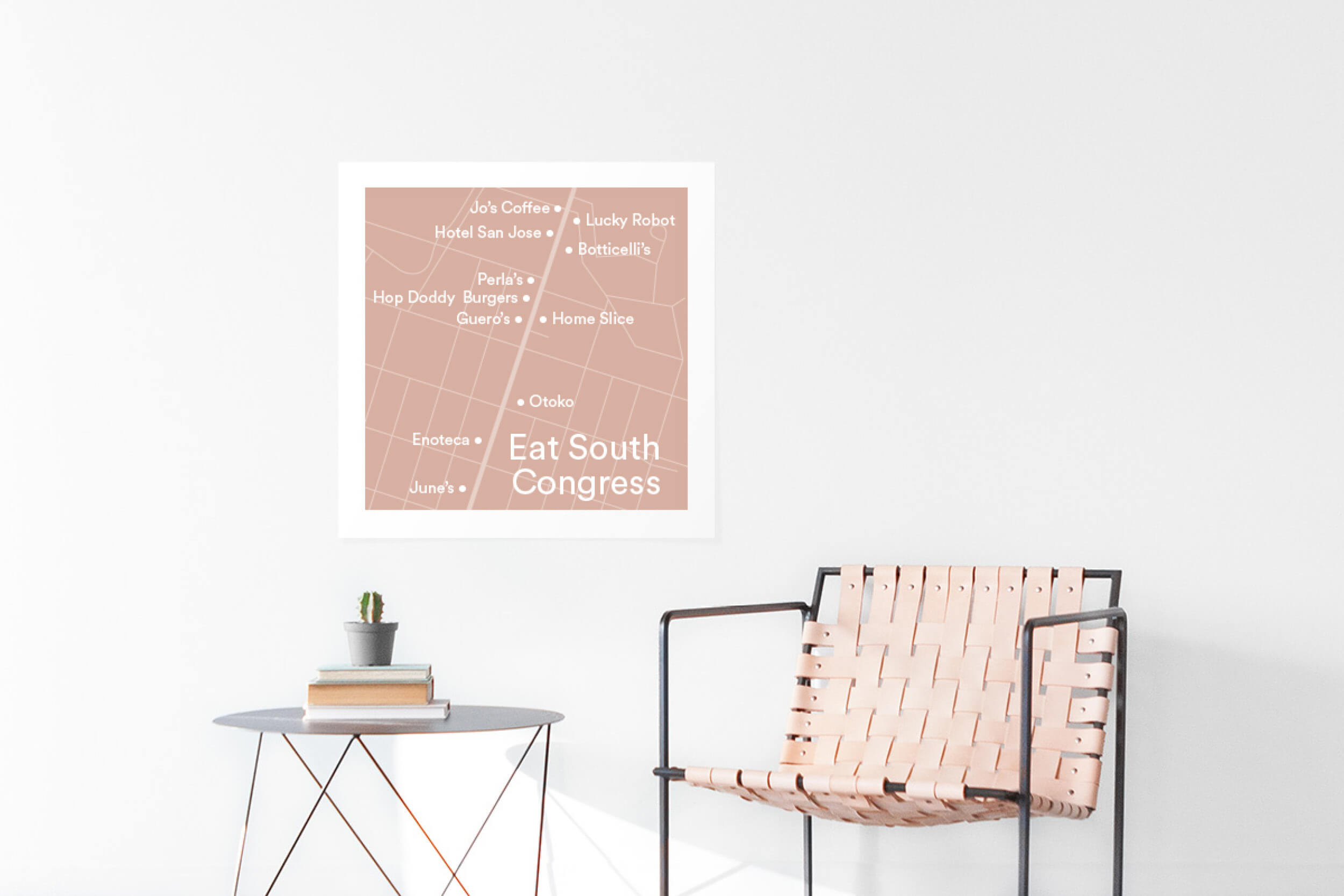Printed map of neighborhood restaurants on the wall