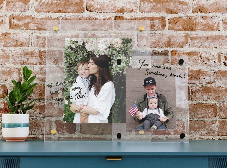 Floating Frames featuring family photos layered on shelf against wall
