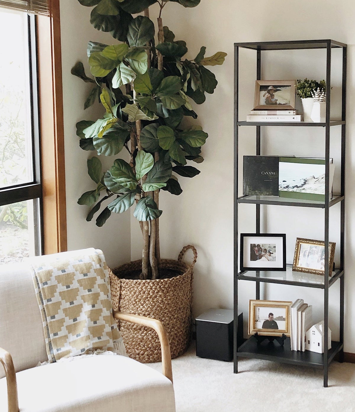 Multilevel shelf adorned with frames and photo books