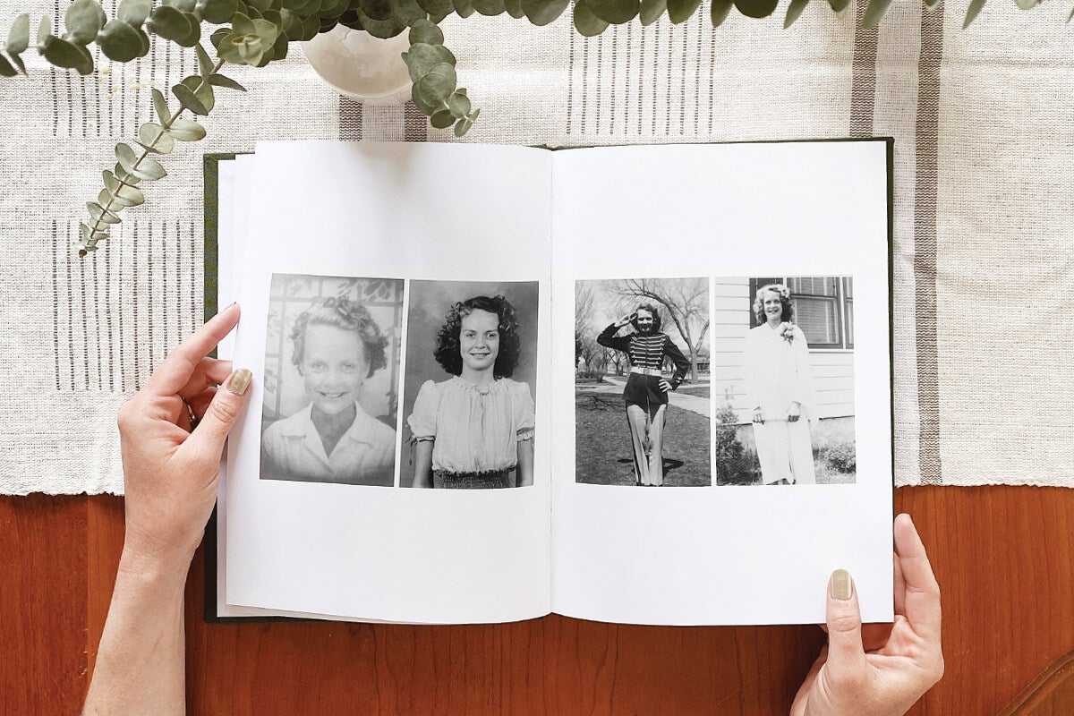 black and white photos of a woman scanned into a photo book
