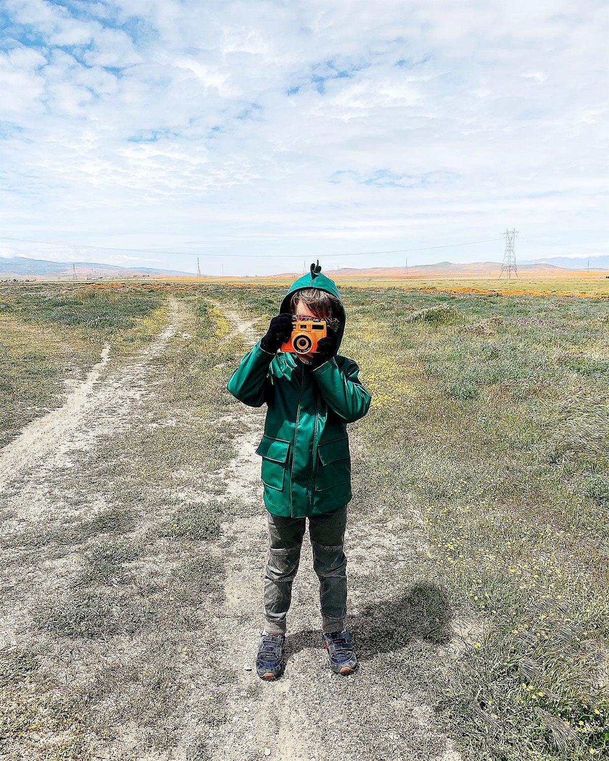 Little boy in field peering through camera lens