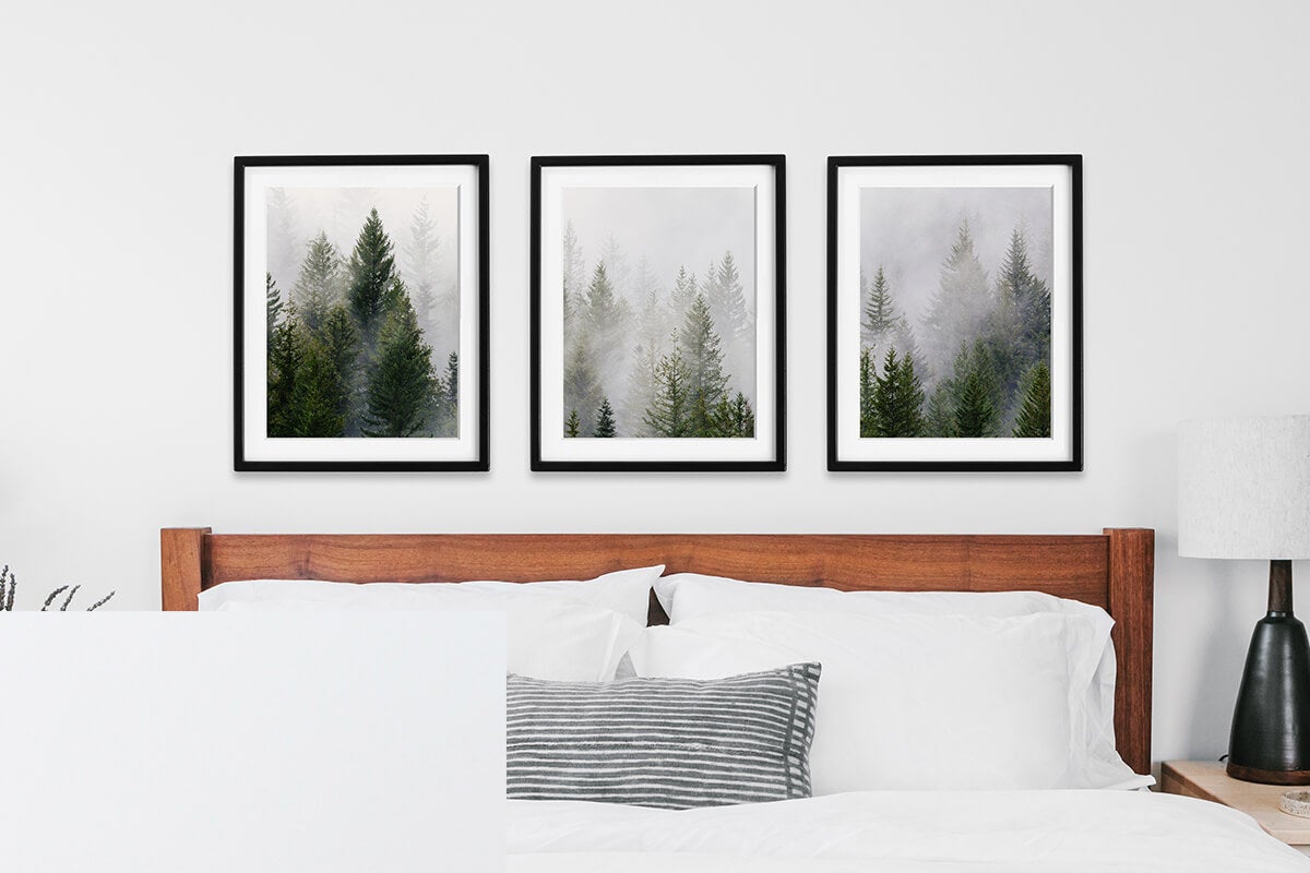 Gallery wall of pine tree forest split into three frames above bed