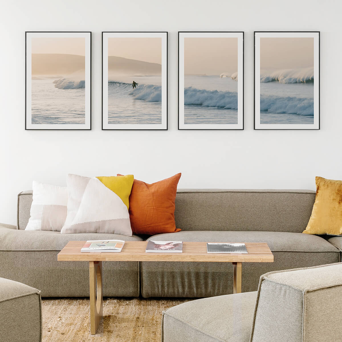 Surfing landscape photo split into four frames hanging above couch