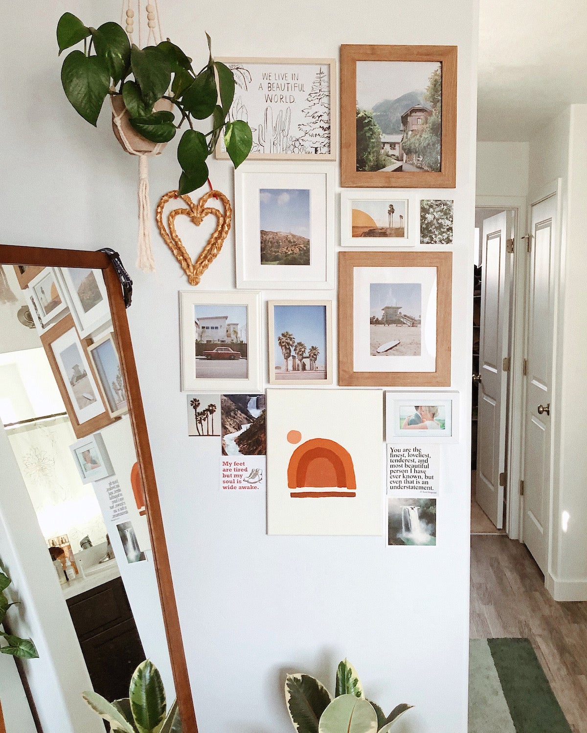 Gallery wall comprised of photos and other art, with or without frames