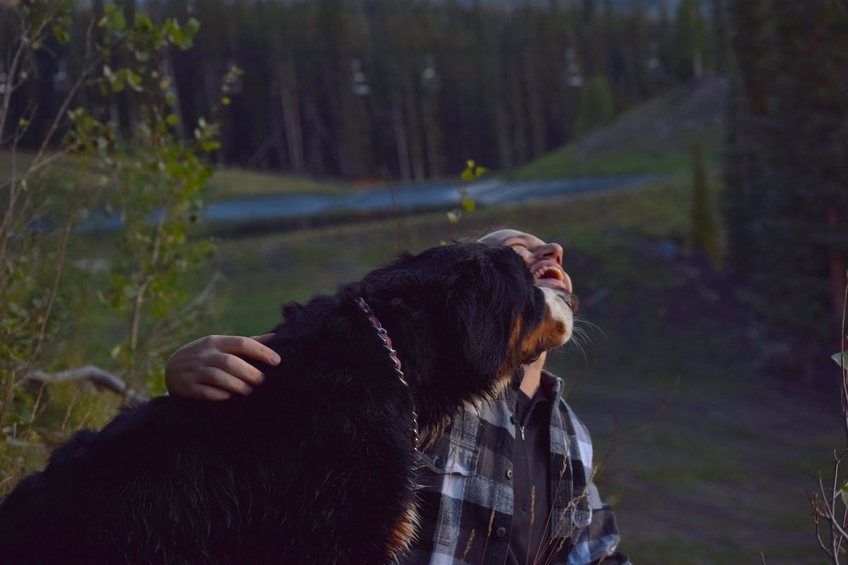 A black dog and it's owner sitting near the edge of a forest