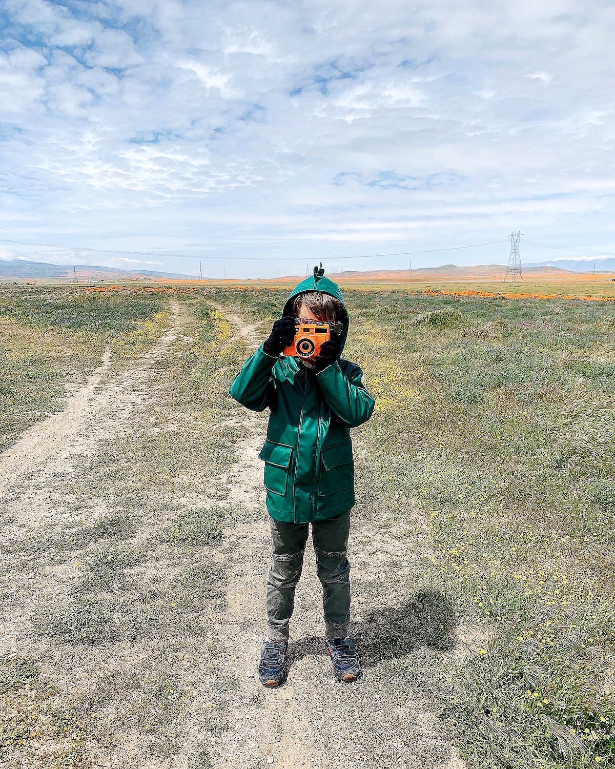 Child pointing camera at camera while standing in open pasture