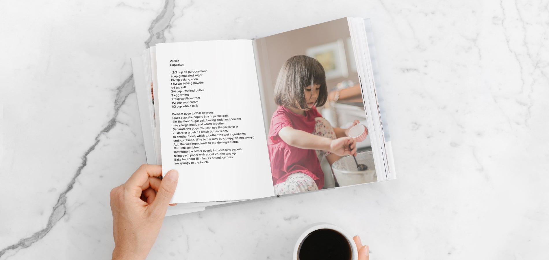 DIY recipe book with photo of little girl making cupcakes
