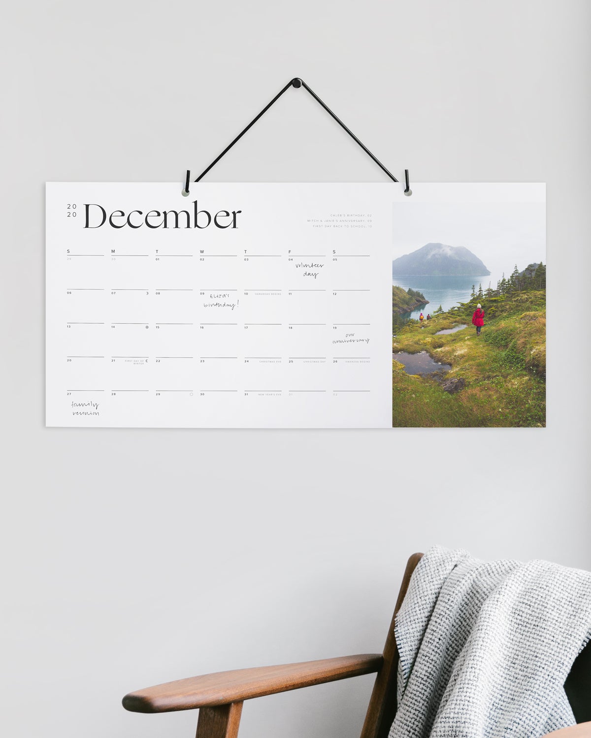 Unique wall calendar with travel photo on right side of page