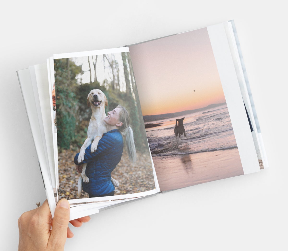 Interior pages of hardcover book showing woman holding happy yellow lab in her arms