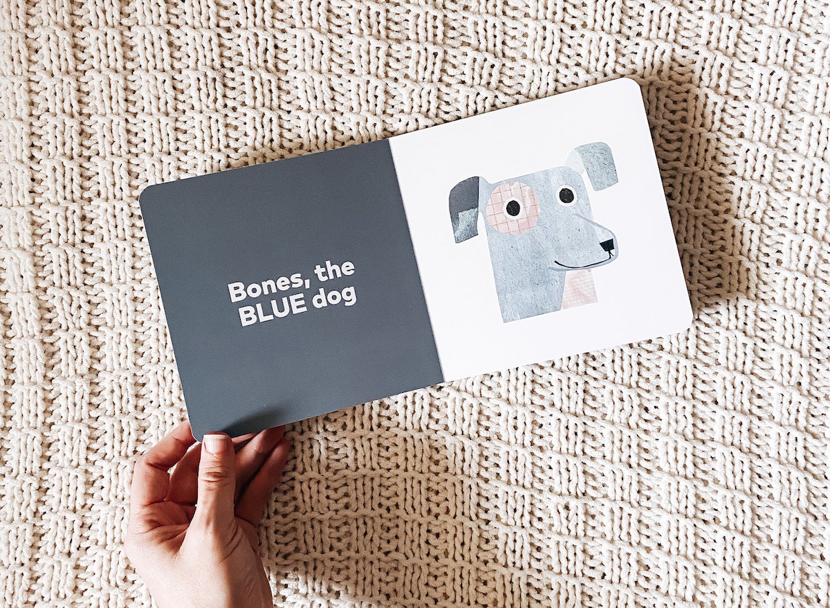 Board Book opened to page with Bones the Blue Dog