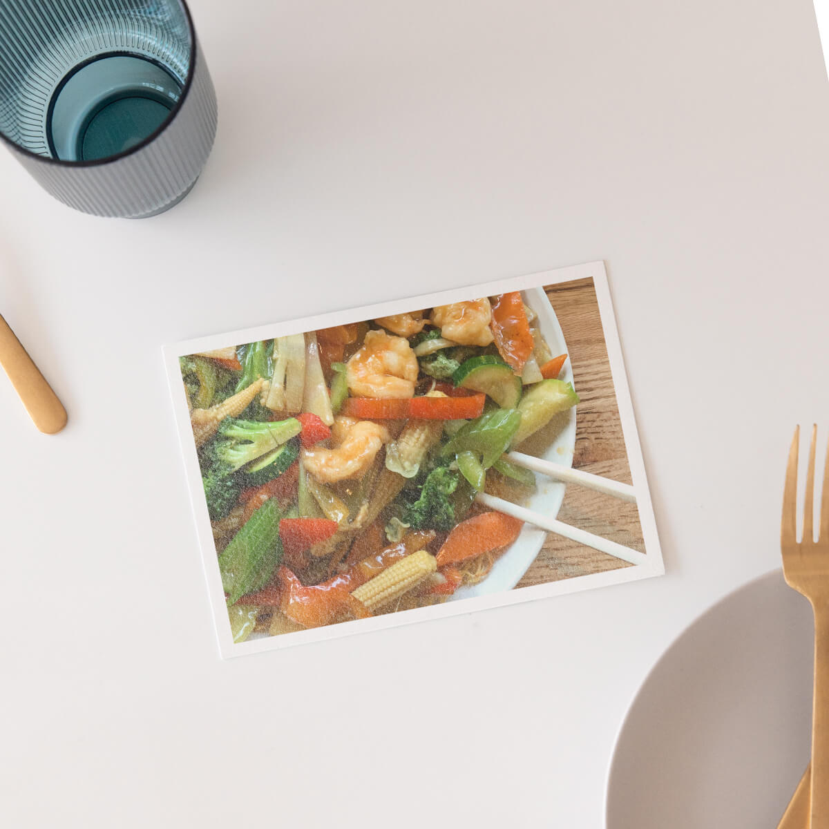 DIY postcard featuring photo of shrimp stir fry on the front