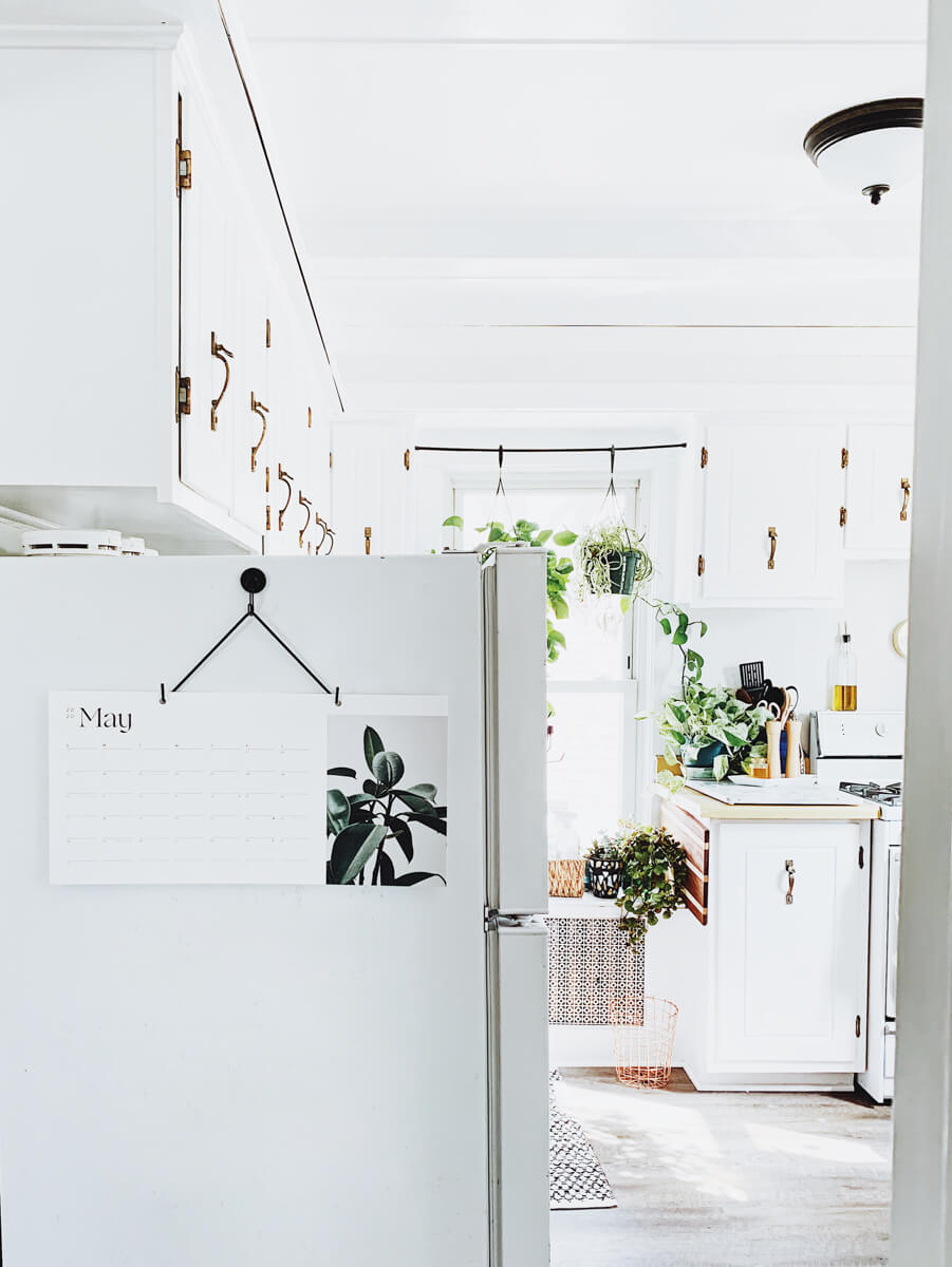 Brightly lit white kitchen filled with plants and featuring wall calendar hanging on side of fridge