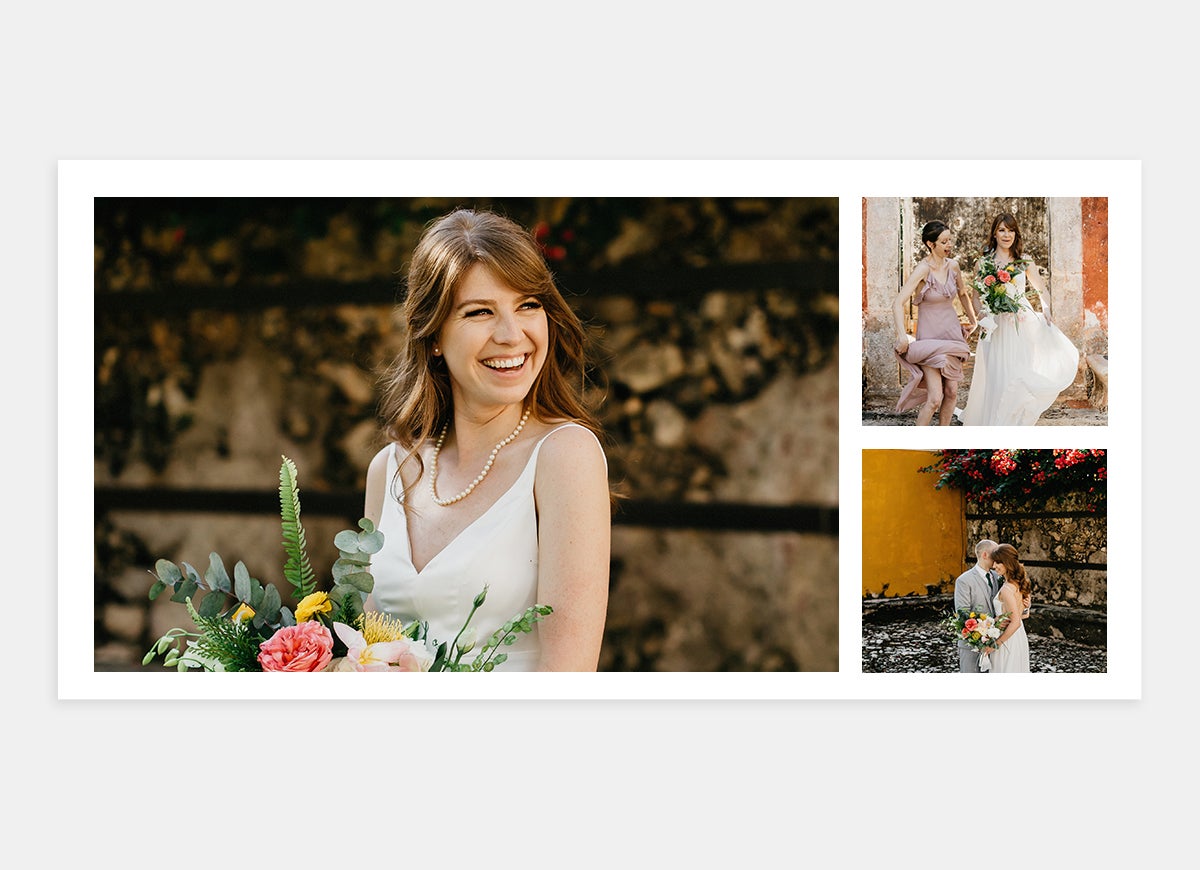 Wedding album two-page spread featuring fun photos of bride