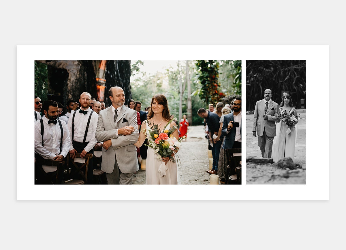 Two-page spread featuring two photos of father walking bride down the aisle