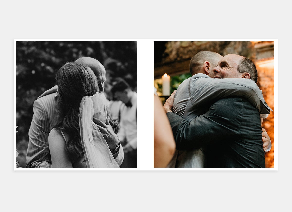 Wedding album two-page spread of groom hugging people in celebration