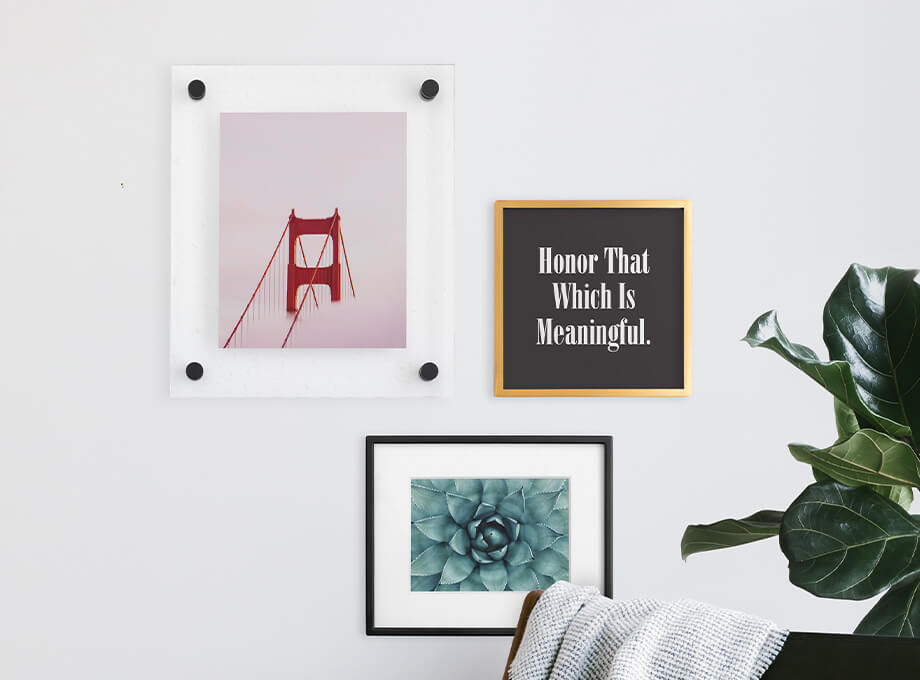 Image of three frames on a wall with a bridge, text, and a succulent in the photos