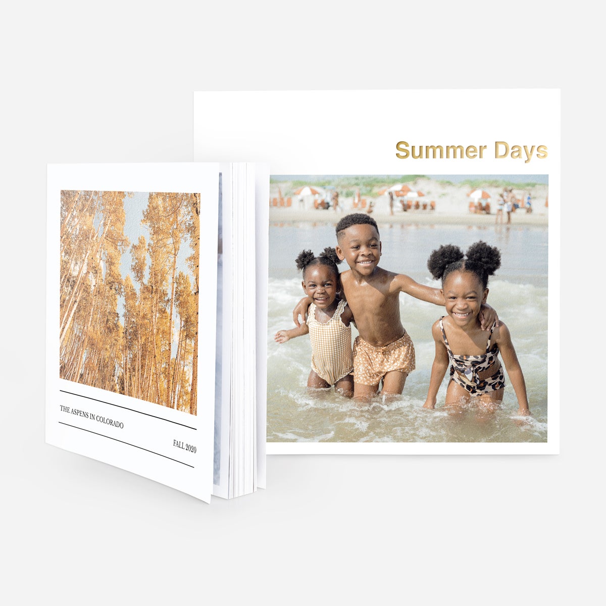 Artifact Uprising Softcover Photo Book featuring digital foil title and photo of three little kids on the beach
