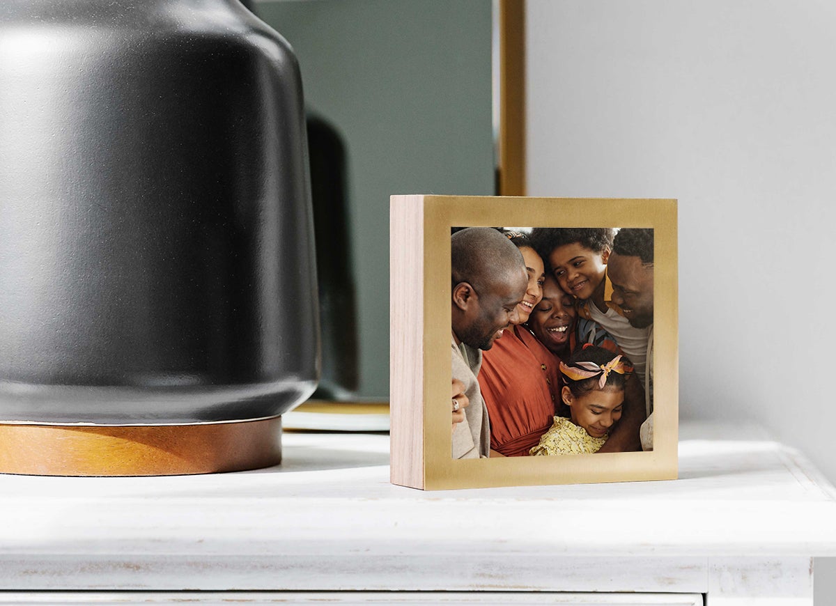 Artifact Uprising Brass & Wood Display Box featuring photo of mother and child