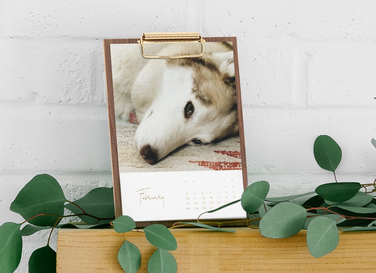 Artifact Uprising Wooden Desktop Photo Calendar featuring photo of a husky