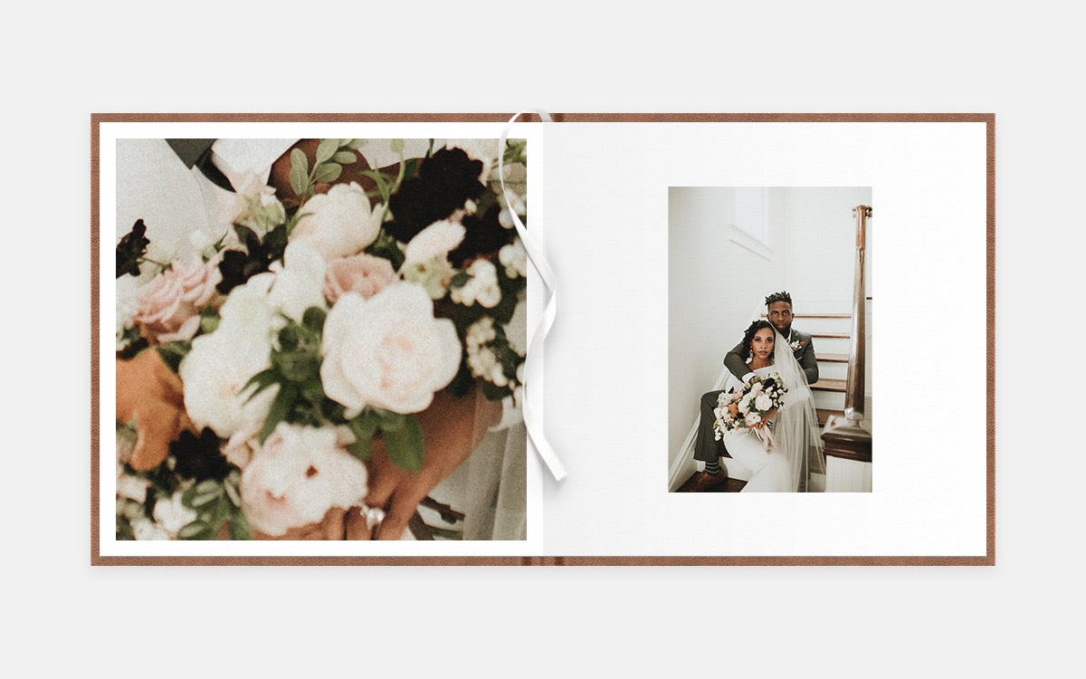 Two-age album spread featuring close up of bouquet and posed photo of bride and groom