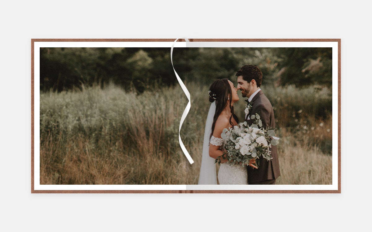 Two-page panoramic image of bride and groom looking into each other's eyes