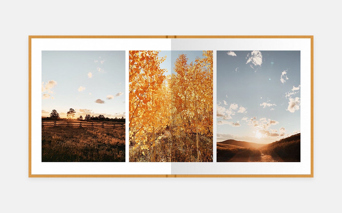 Two-page album spread featuring three fall landcape photos in golden hues