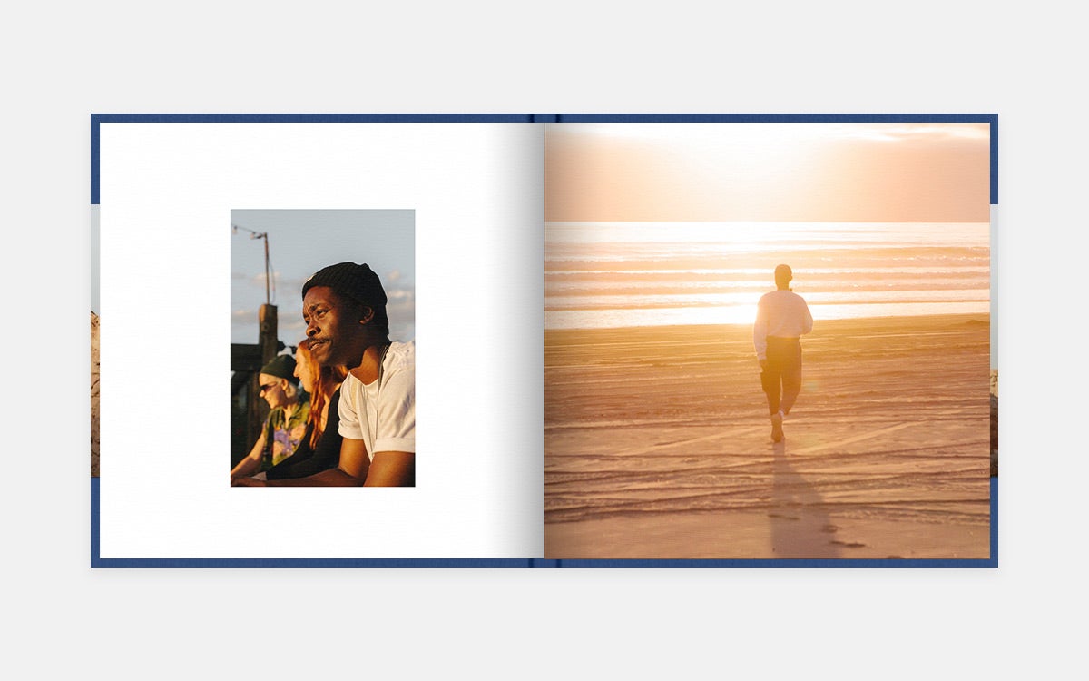 Two-page spread featuring trio of friends on left page and woman walking into sunset on right page