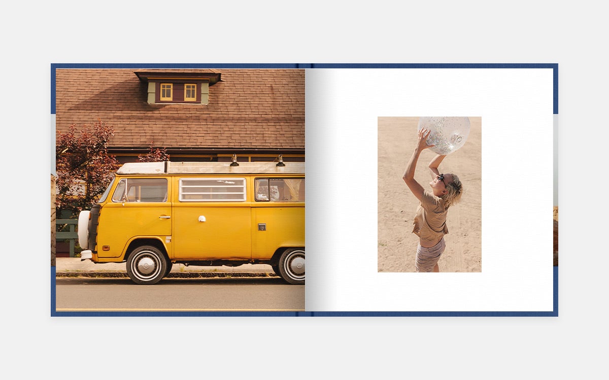 Two-pages spread with yellow VW classic camper on left and girl holding up beach ball on right page