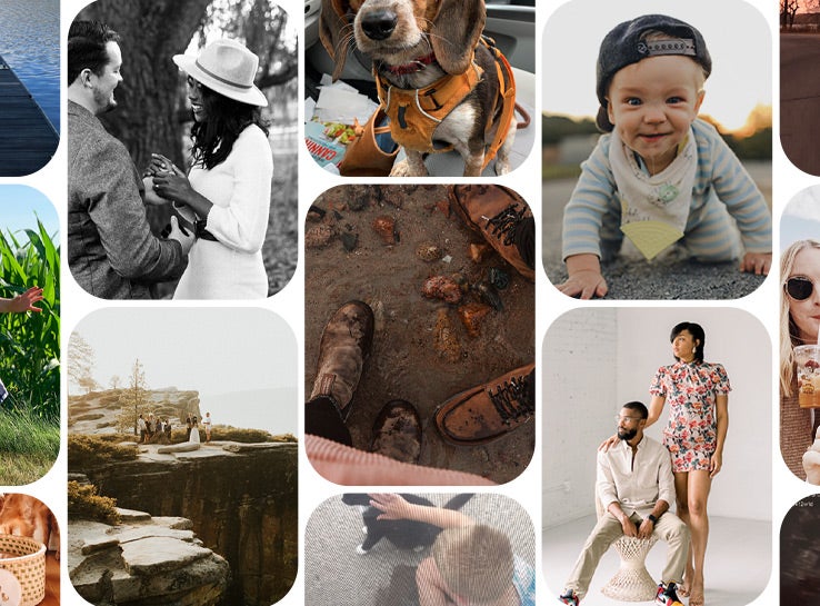 Grid of photos of people, places, pets, and families