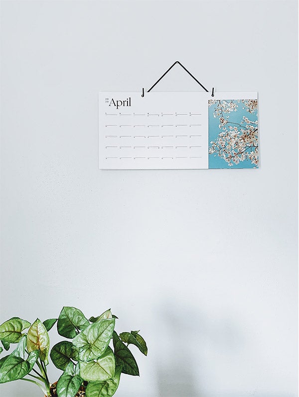 Artifact Uprising Modern Wall Calendar hanging on wall turned to photo of blooming tree