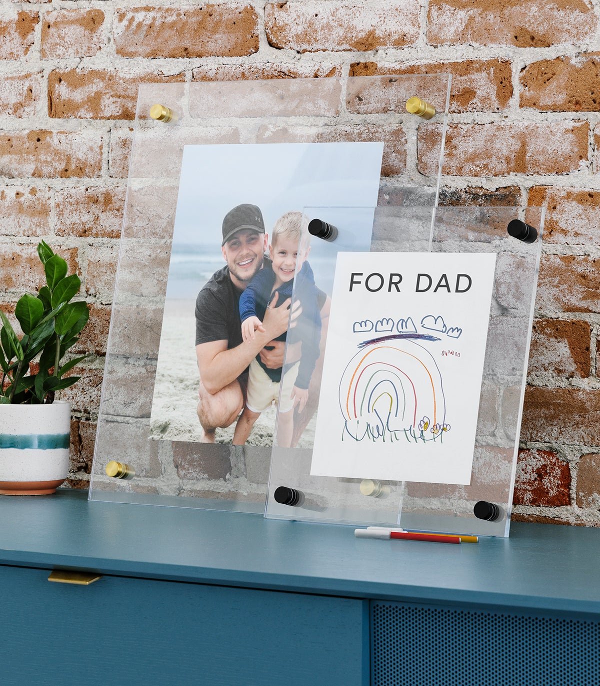 Artifact Uprising Floating Frame with words for dad featuring children's drawing of a rainbow and clouds