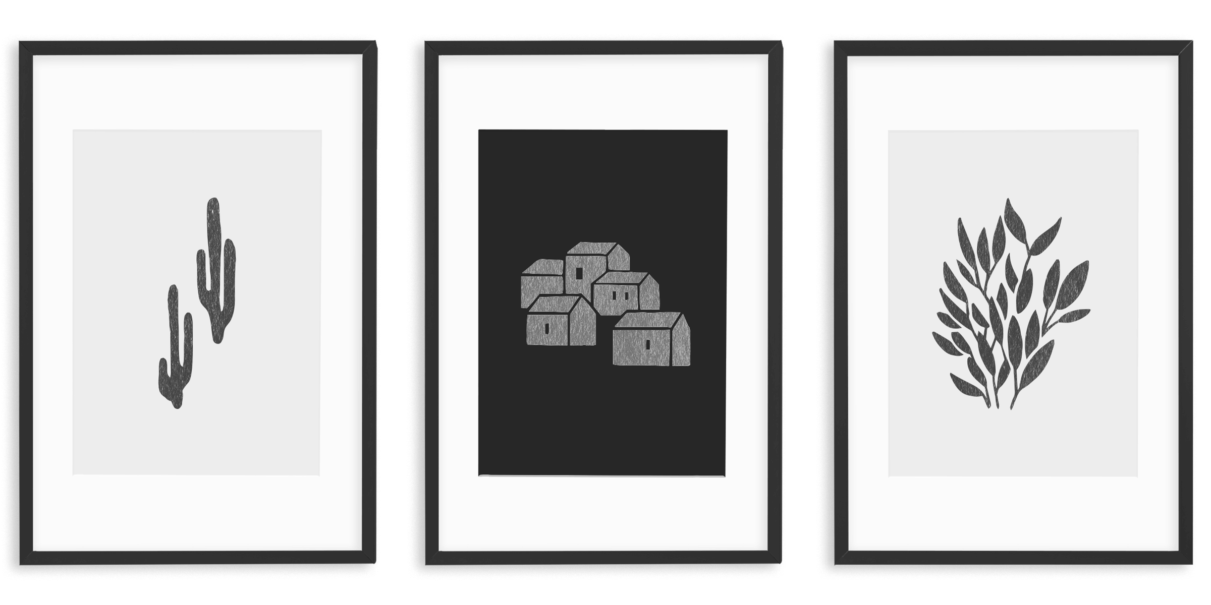 3 black frames with minimal drawings of cacti, houses, and greenery in black and white