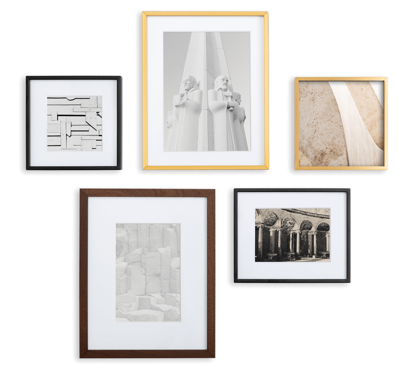 5 frames in various sizes and finishes with photographs of architecture, statues, walls, and more