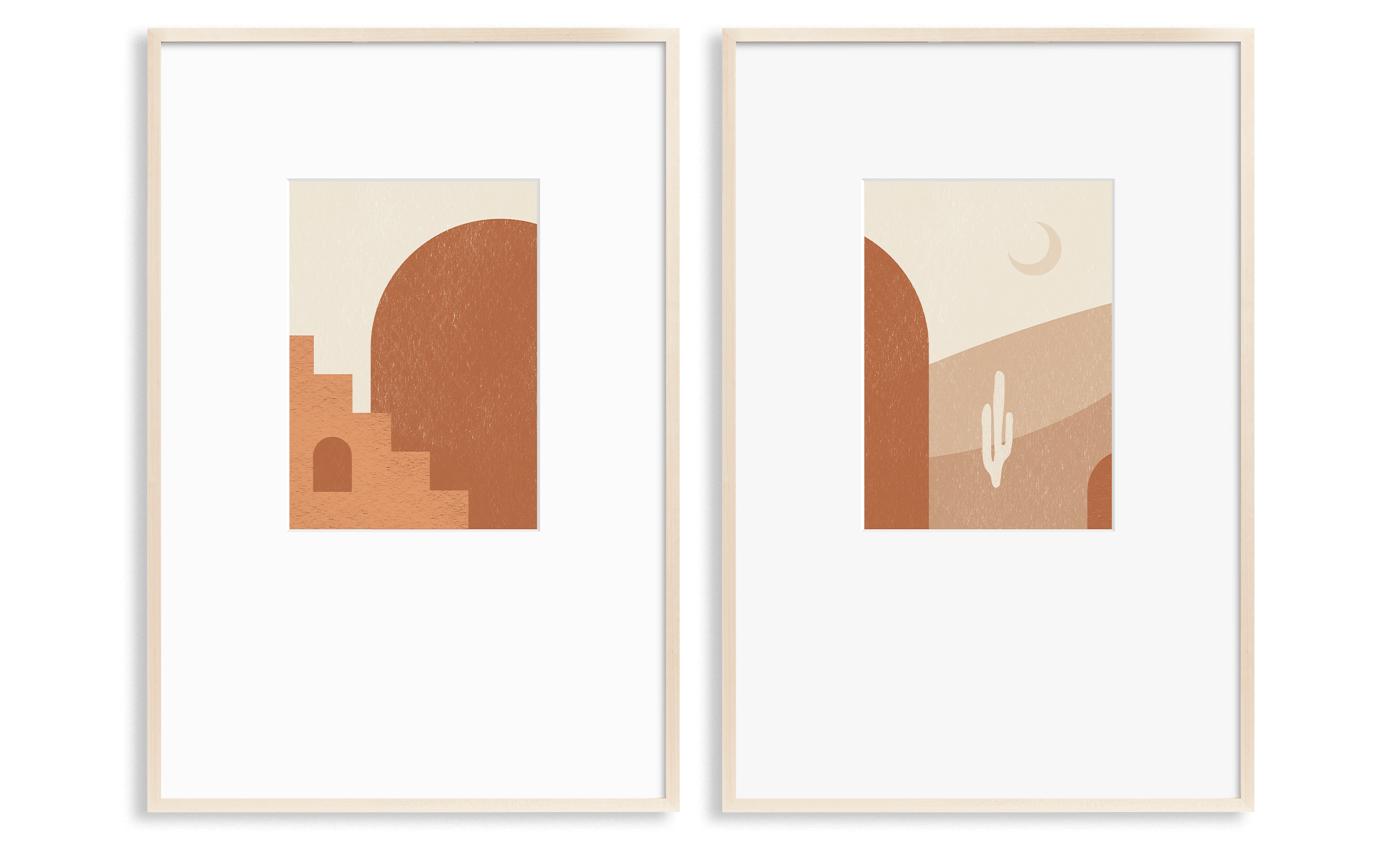 3 light wood frames (2 large, 1 small) — with a modern depiction of a western scene and a tile-like horizon design 