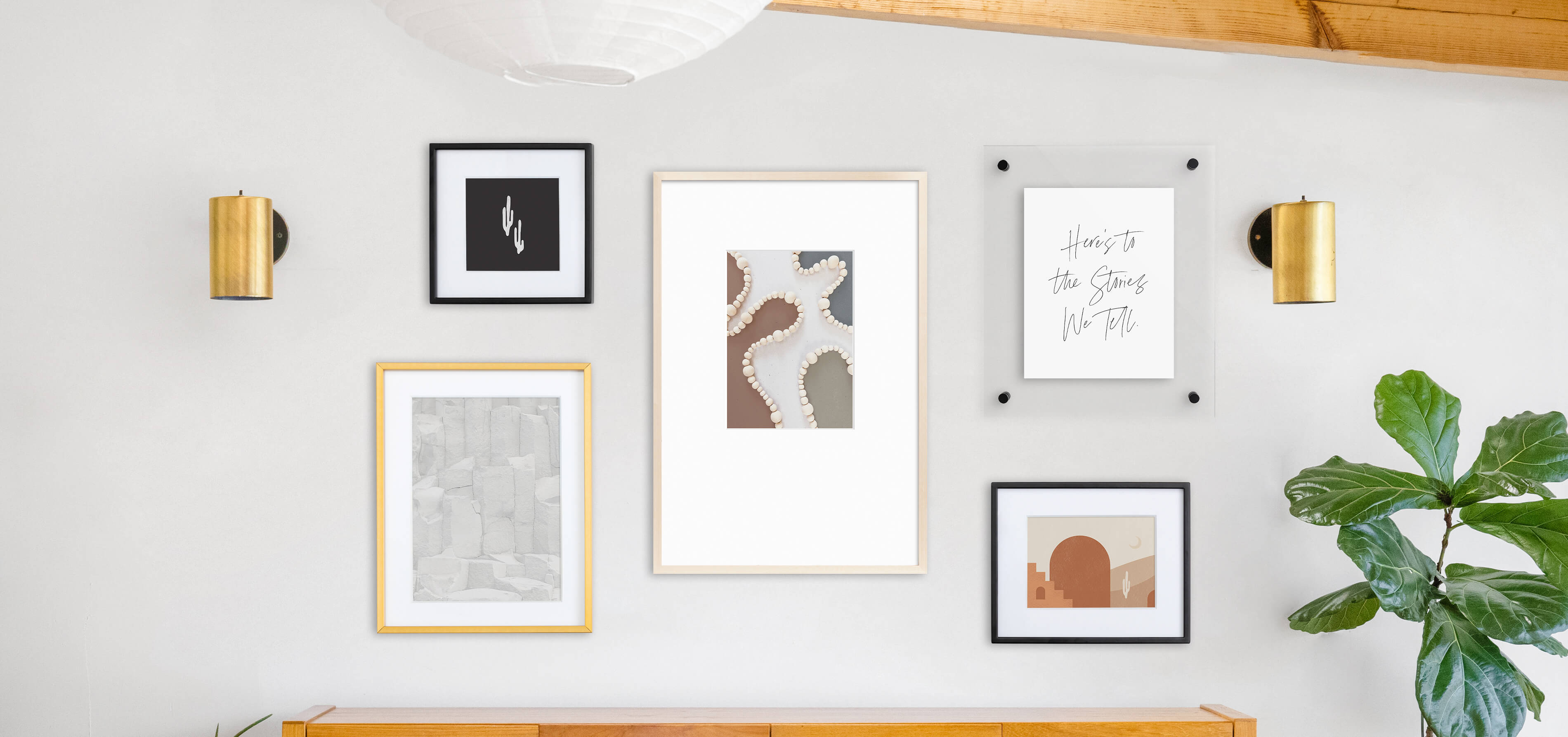Modern mismatched gallery wall featuring frames and free art prints from Artifact Uprising