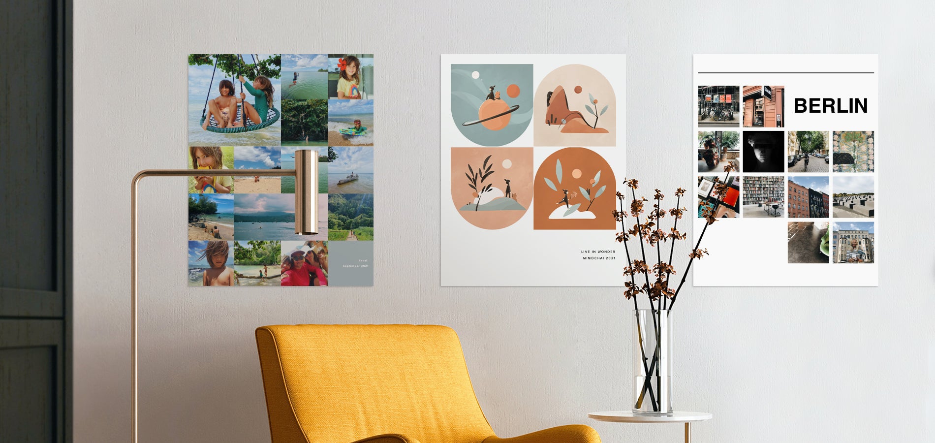 Three Artifact Uprising Poster Prints on wall above armchair featuring travel photos, illustrations, and more