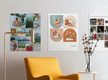 Three Artifact Uprising Poster Prints on wall above honeycomb armchair