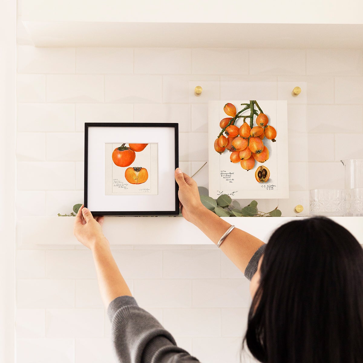 Person placing Artifact Uprising Metal Tabletop Frame on kitchen shelf next to Artifact Uprising Floating Frame both featuring drawings of vegetables