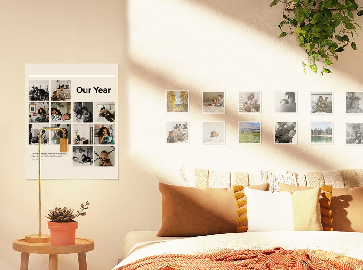 Artifact Uprising Poster Print and Square Print Set displayed on wall above bed without frames