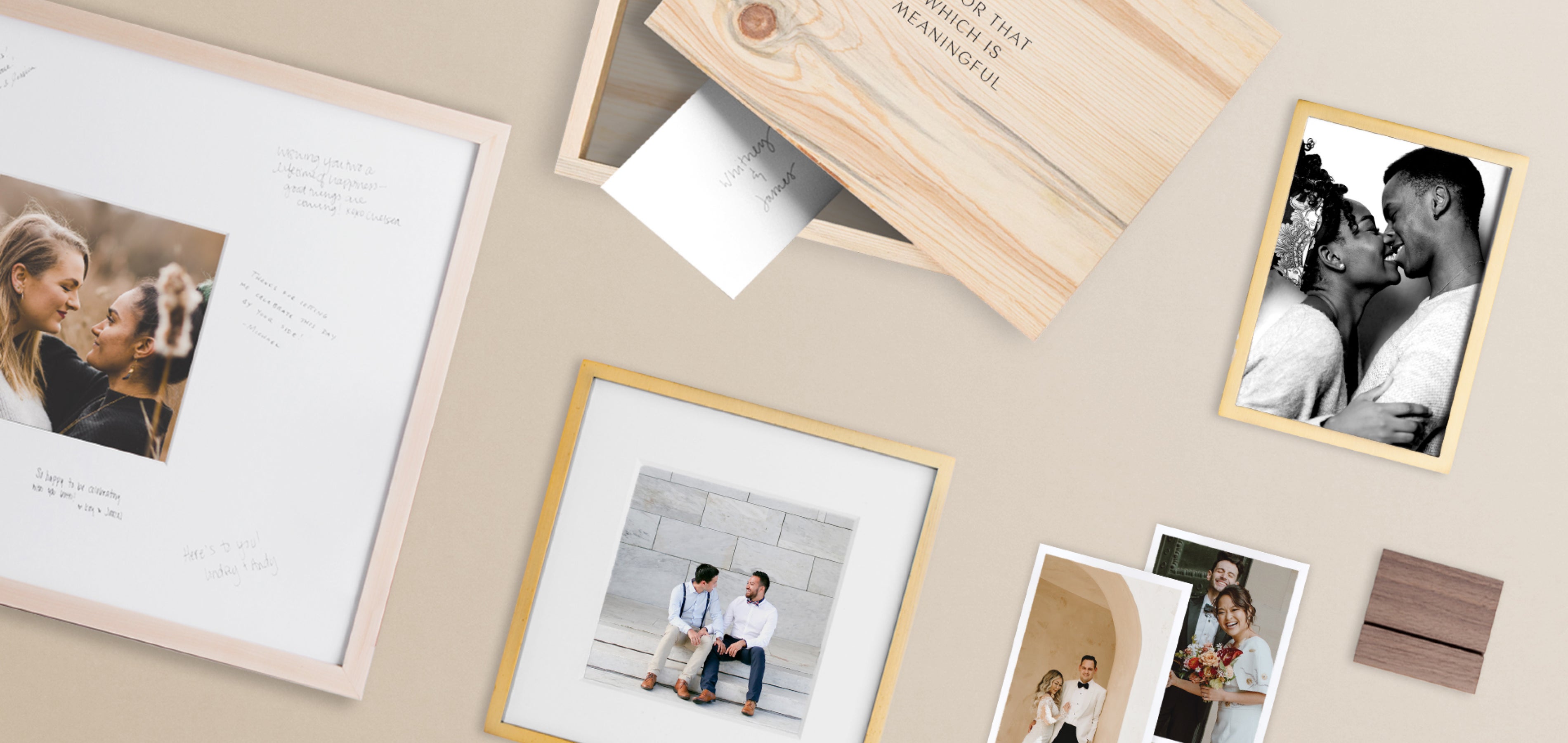 Several different Artifact Uprising frames, photo holders, and prints all featuring wedding photos of different couples