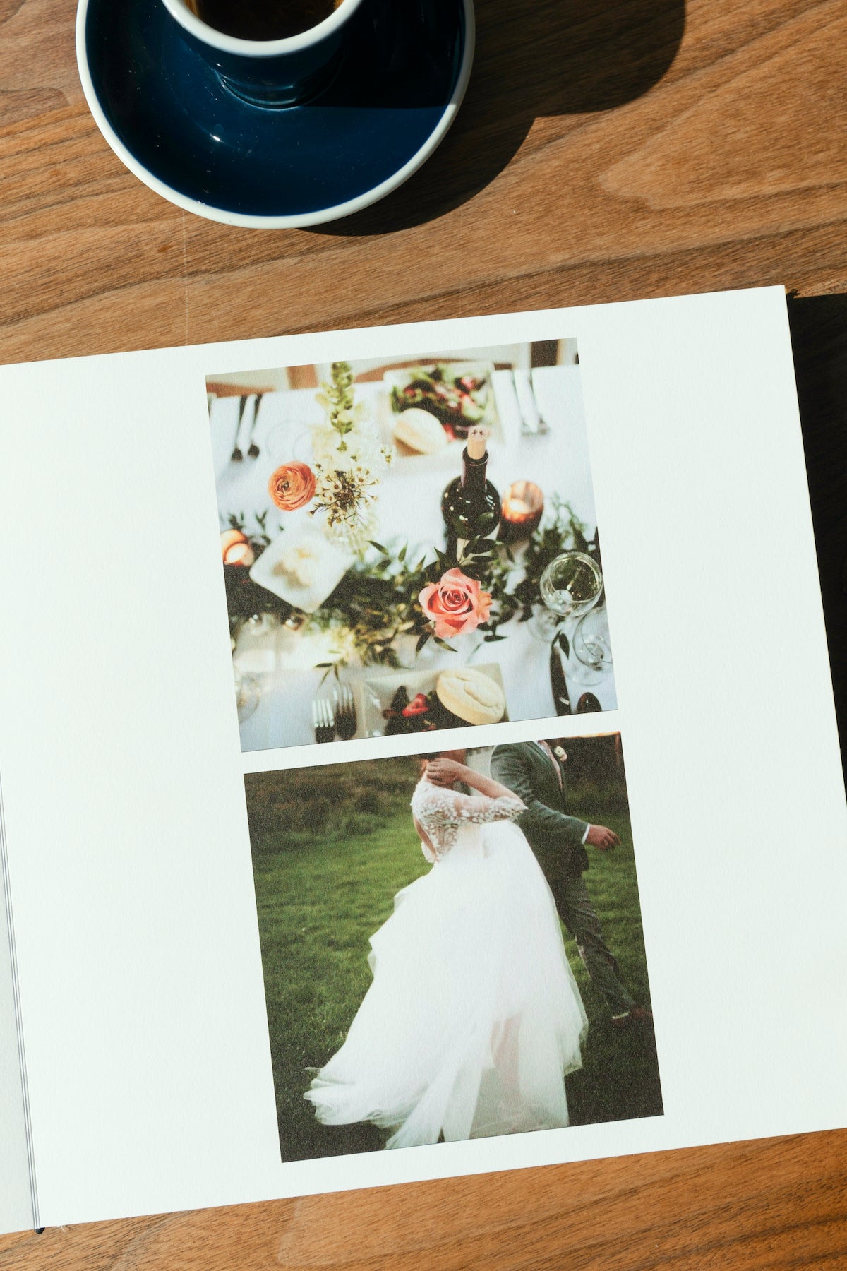 Artifact Uprising Layflat Photo Album opened to wedding photos on right page