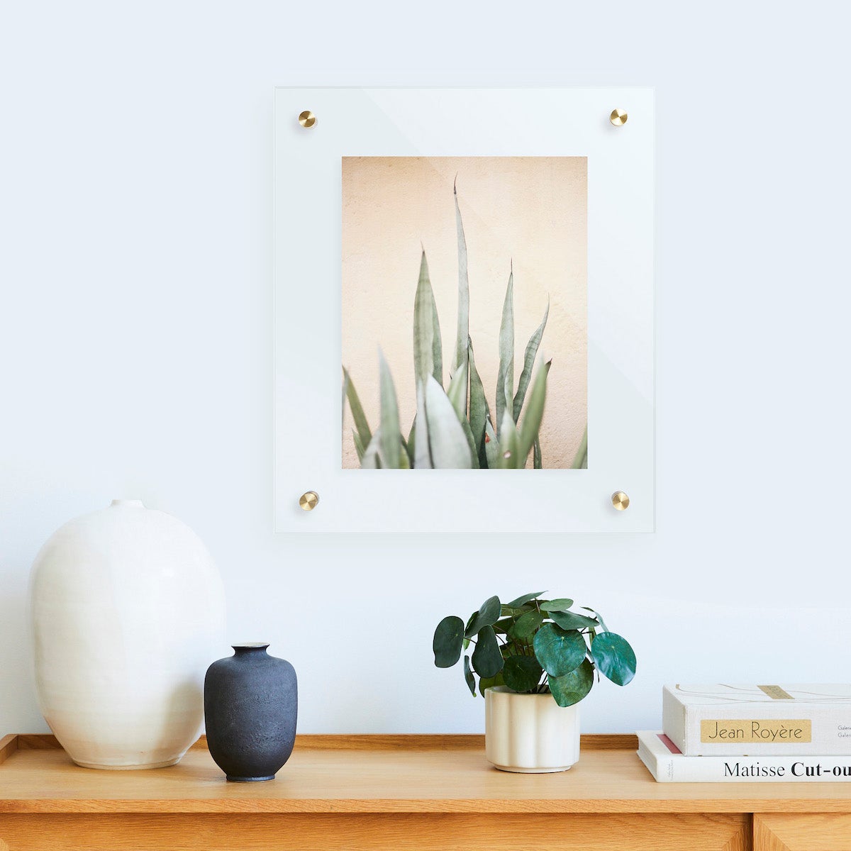 A side table decorated with multiple different plants and an acrylic frame on the wall with a plant in the photo as well.