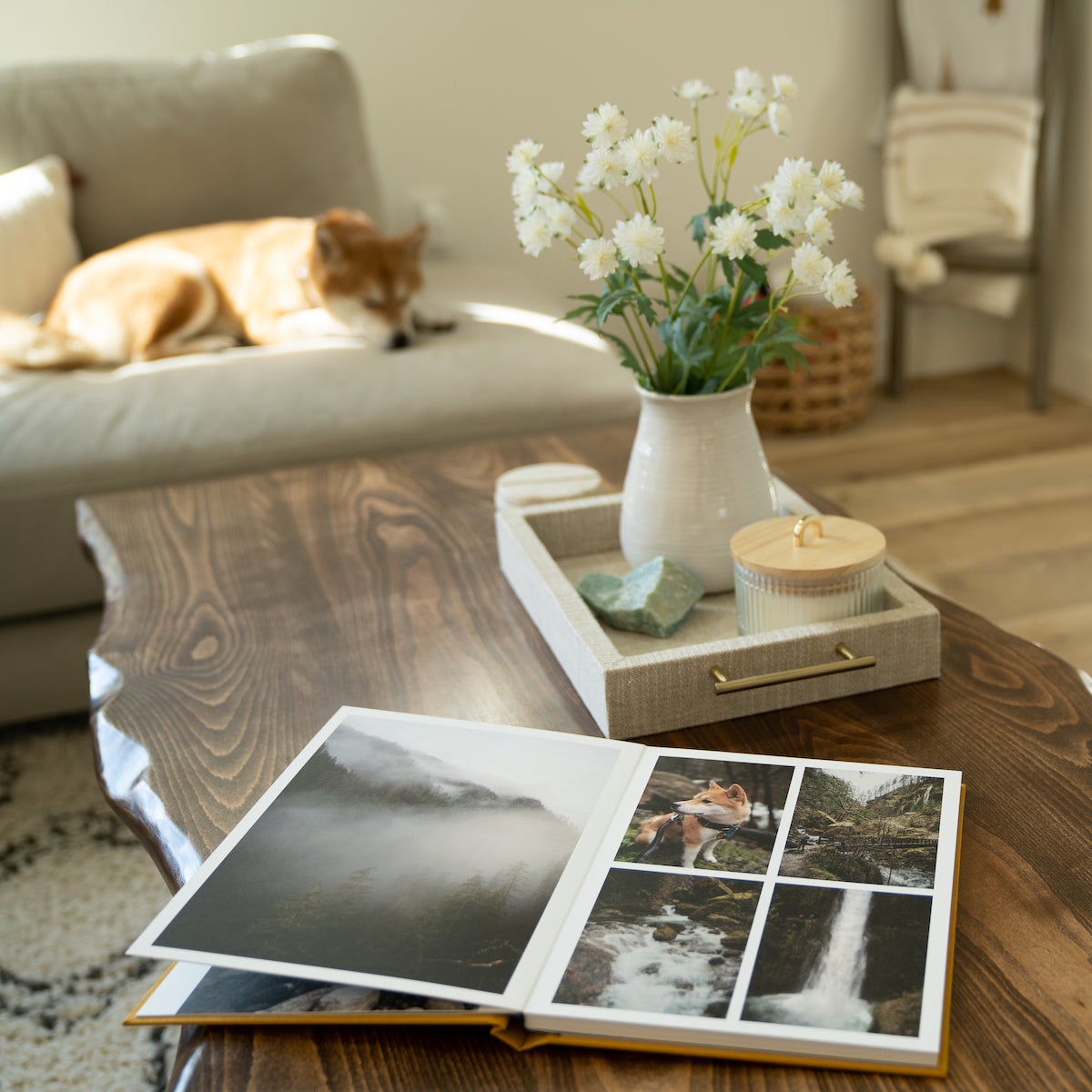 Coffee table with a photo book on top, laid open to showcase a spread of photos.